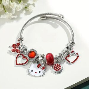 Hello Kitty Charm Pendant Silver & Red Tone Bangle Bracelet